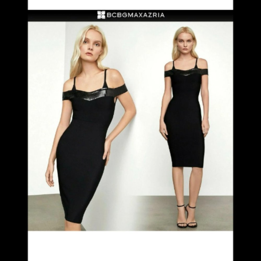 BCBG Maxazria Off-Shoulder Sequin Bandage Dress
